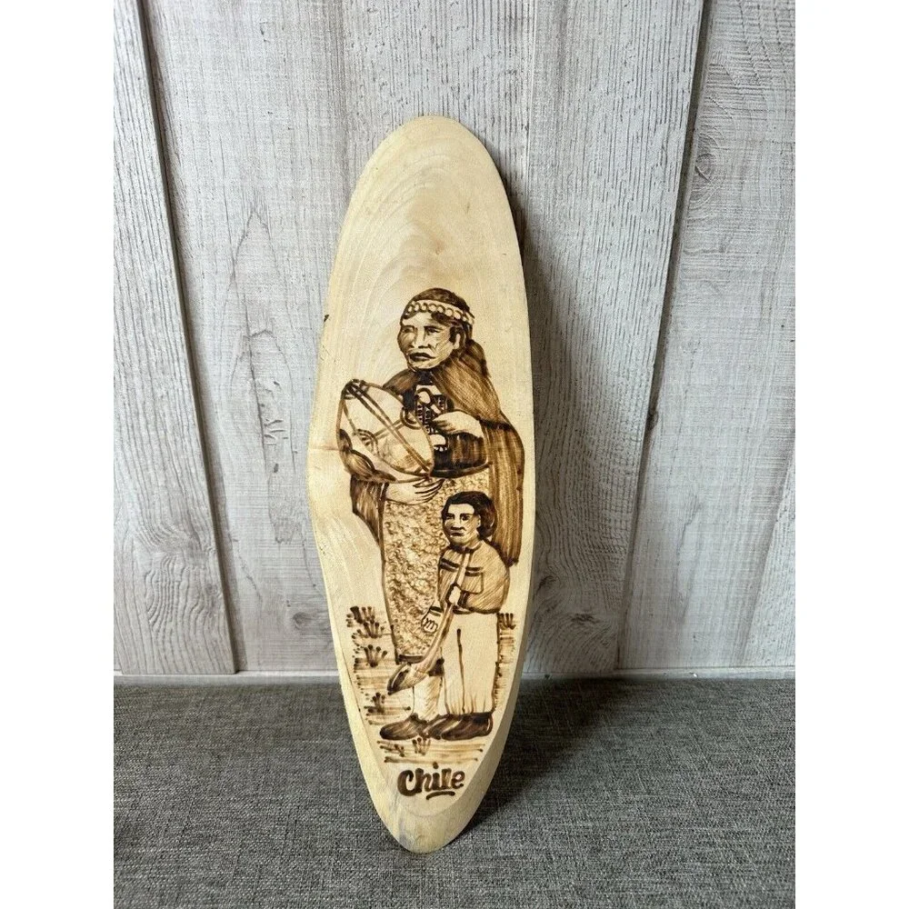 Chile Wood Carved Tribal Handmade Decor Set of 2 Chilean Man Woman Child